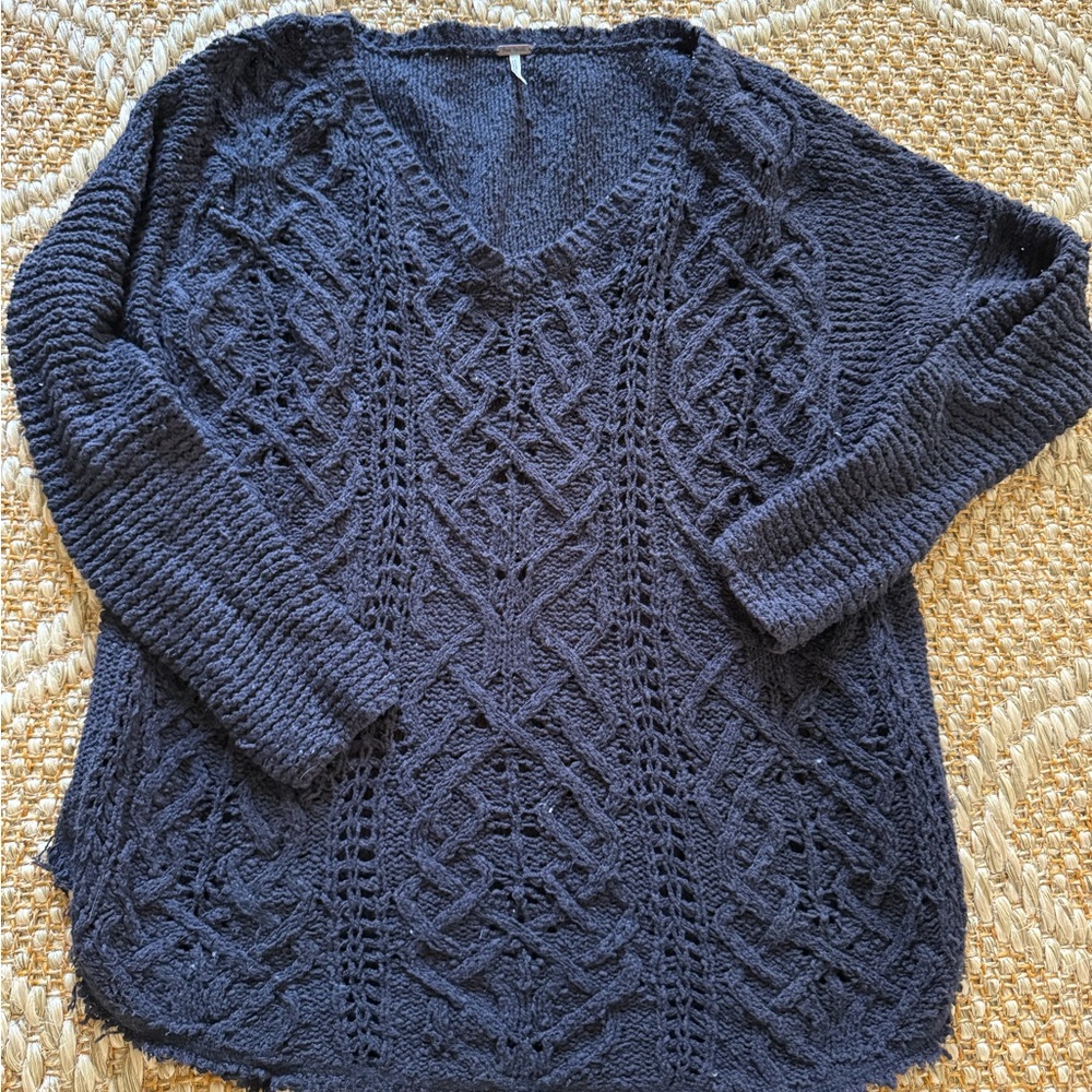 Women's Free People Black Cable Knit V-Neck Sweater - Frayed
